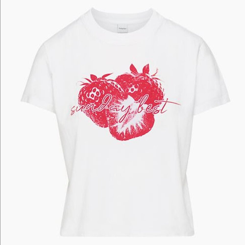 ARITZIA Sunday Best White Graphic Tee Size L with Strawberry Red Design 🍓🍓